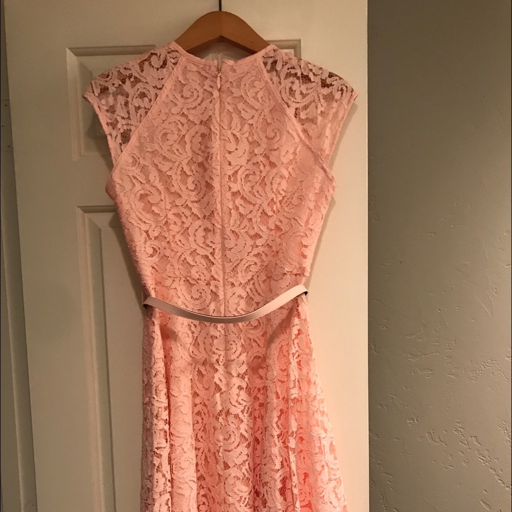 Cap sleeve pink lace fit and flare midi dress - Picture 2 of 6